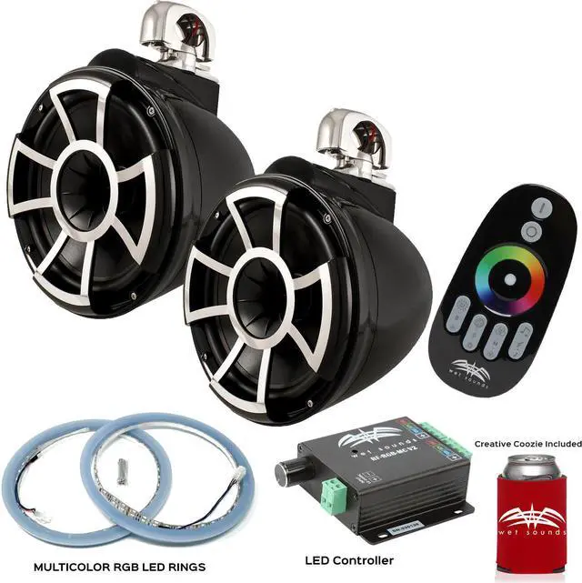 Main image of Wet Sounds REV10B-SC Swivel Clamp Tower Speakers with RGB LED Speaker Rings & LED Controller - Black
