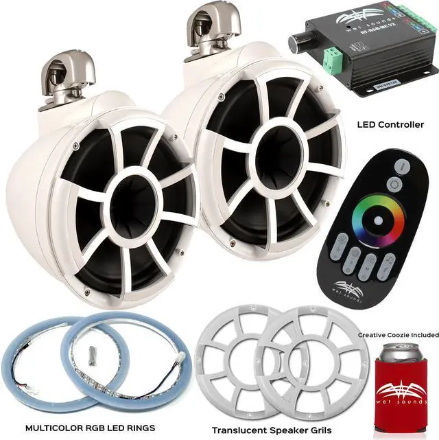 Main image of Wet Sounds REV10W-SC Swivel Clamp Tower Speakers with RGB LED Speaker Rings, Translucent Grills & LED Controller - White
