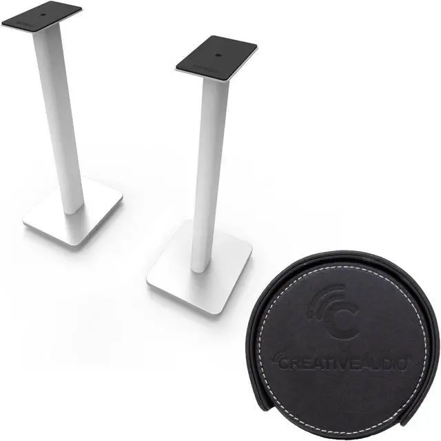 Alt view image 2 of 4 - Kanto YU6MW YU6 Matte White 200W Powered Speakers, Pair, with pair of SP26PLW Pair of 26" Floor Speaker Stands, White
