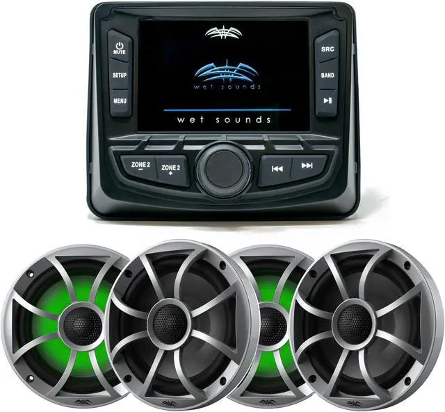 Main image of Wet Sounds WS-MC-2 Marine Radio with 2 Pairs Wet Sounds RECON 6-S RGB LED 6.5" 60-Watt RMS Coaxial Speakers With Silver XS Grilles (Pair)