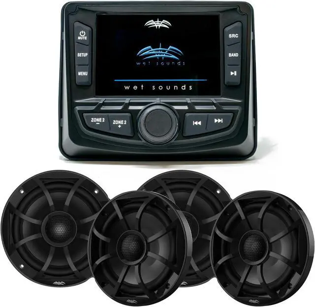 Main image of Wet Sounds WS-MC-2 Marine Radio with 2 Pairs Wet Sounds RECON 6-BG Recon Series 6.5" Coaxial speakers With Black XS Grille And Cone (Pair)