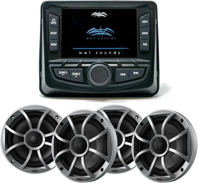 Main image of Wet Sounds WS-MC-2 Marine Radio with 2 Pairs Wet Sounds RECON 6-S Recon Series 6.5" 60-Watt RMS Coaxial Speakers With Silver XS Grille And Cone (Pair)