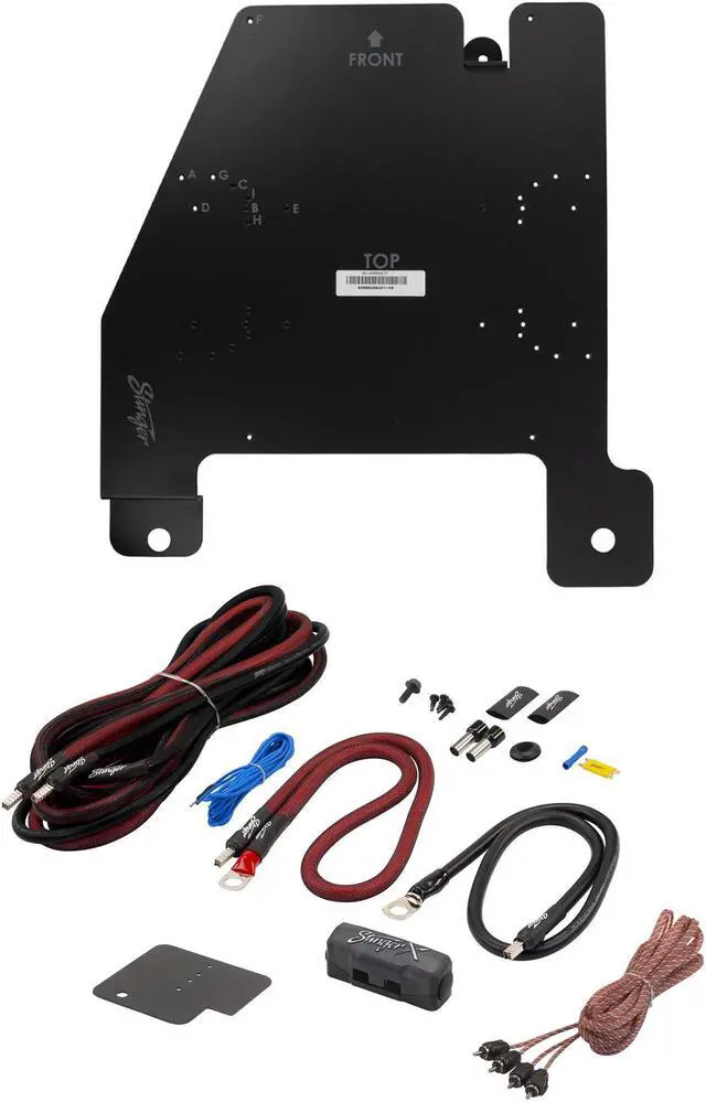Main image of Stinger JKUAMPBRKTP Passenger Side Under Seat Amplifier Bracket with STXKJW8 Underseat Amplifier 8-Gauge Wiring Kit Compatible with Wrangler JKU Unlimited (4-Door) Models 2011-2018