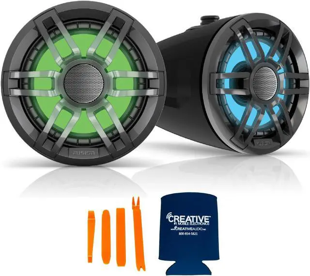 Alt view image 2 of 4 - Fusion XS-FLT652SPB 6.5" Black Sport Grill Wake Tower Speakers, RGB LED with Fusion XS-MNTFL Flat Surface Mounts