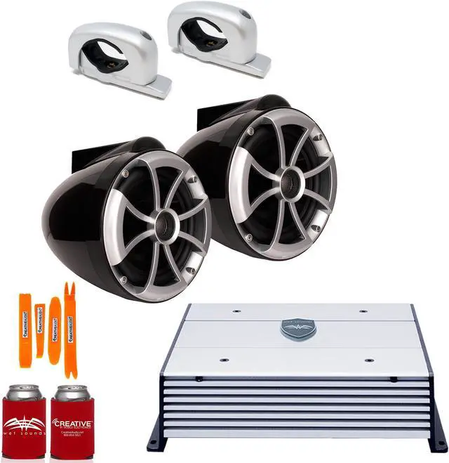 Main image of Wet Sounds ICON8B-FC-SA Black 8" Tower speakers with Silver Aluminum Fixed Clamps and Wet Sounds HTX2 Amplifier