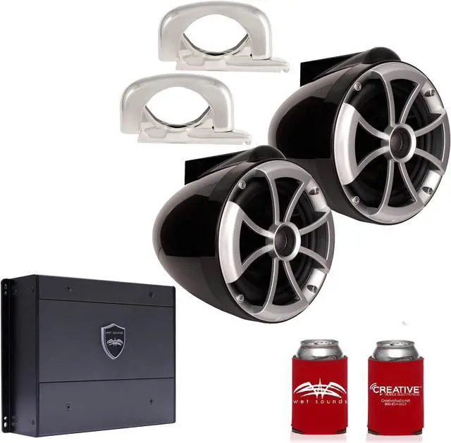 Main image of Wet Sounds ICON8B-FMINI 8" Black Tower Speakers with Stainless Steel MINI Fixed Clamps & SYN-DX2 750 Watt Amplifier