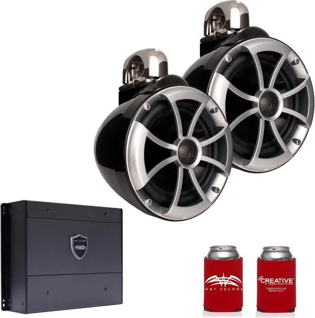 Main image of Wet Sounds ICON8B-FC 8" Black Tower Speakers with Stainless Steel Fixed Clamps & SYN-DX2 750 Watt Amplifier