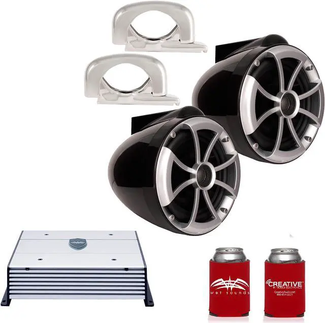 Main image of Wet Sounds ICON8B-FMINI 8" Black Tower Speakers with Stainless Steel MINI Fixed Clamps & HTX2 600 Watt Amplifier