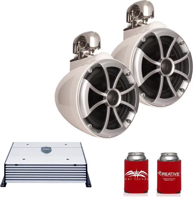 Main image of Wet Sounds ICON8W-SC 8" White Tower Speakers with Stainless Steel Swivel Clamps & HTX2 600 Watt Amplifier