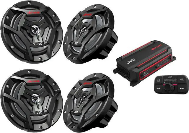 Main image of JVC KS-DR2104DBT Bluetooth 4-Channel Compact Digital Amplifier 50W RMS x 4 @ 4 ohms with 2 Pairs CS-DR6200M 6.5" Marine Speakers w/ Black Grills for Car, Marine, UTV and Motorcycle