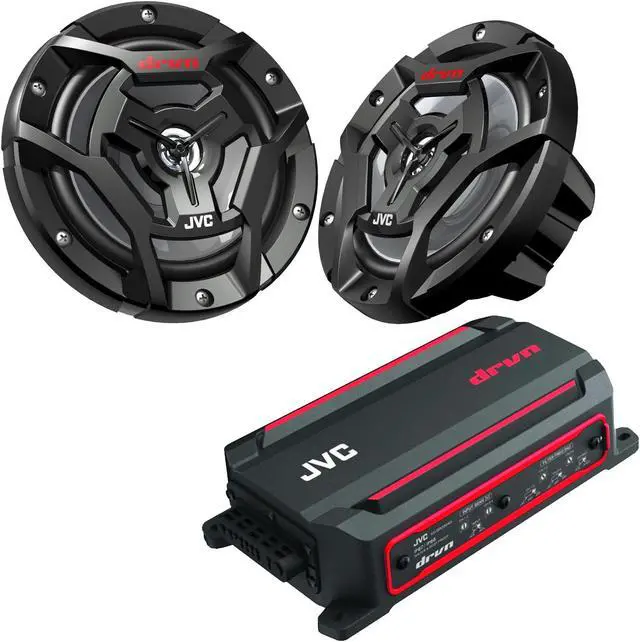 Main image of JVC KS-DR2004D 4-Channel Compact Digital Amplifier 50W RMS x 4 @ 4 ohms with 2 Pairs CS-DR6200M 6.5" Marine Speakers w/ Black Grills for Car, Marine, UTV and Motorcycle