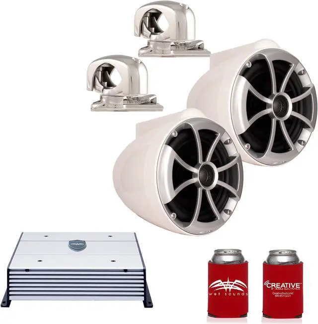 Main image of Wet Sounds ICON8W-SMINI 8" White Tower Speakers with Stainless Steel MINI Swivel Clamps & HTX2 600 Watt Amplifier