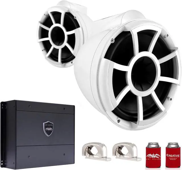 Main image of Wet Sounds REV10W-SMINI 10" White Tower Speakers with Stainless Steel Swivel MINI Clamps & SYN-DX4 800 Watt Amplifier