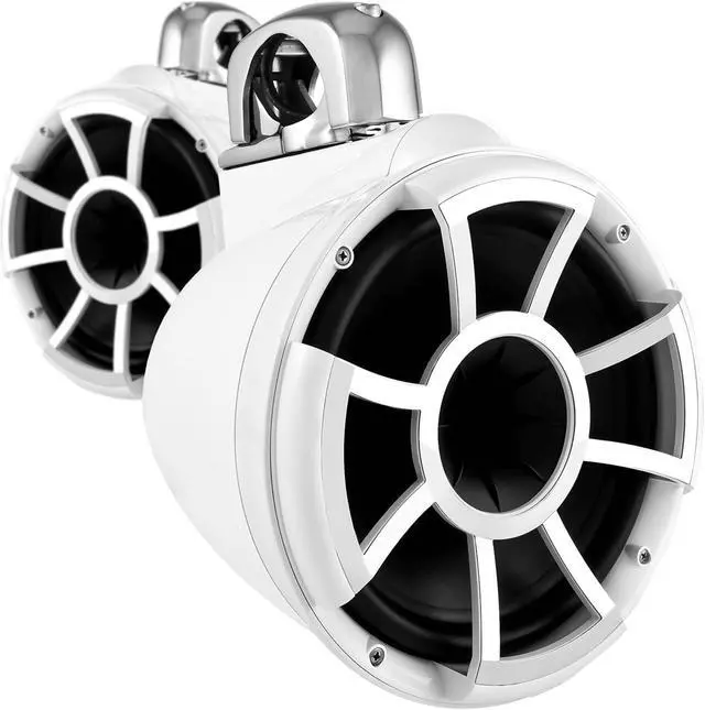 Alt view image 2 of 4 - Wet Sounds REV10W-FMINI 10" White Tower Speakers with Stainless Steel Fixed Mini Clamps & SYN-DX2.3 1200 Watt Amplifier