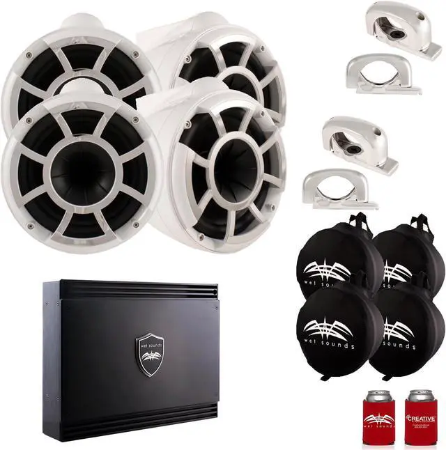 Main image of Wet Sounds Two Pairs of White REV 10 Fixed Clamp Tower Speakers with Wet Sounds Suitz speaker Covers & SDX2 Amplifier
