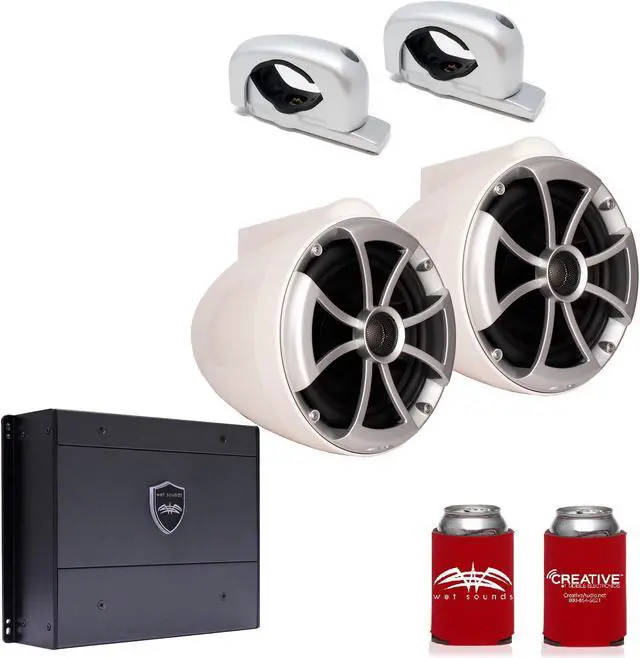 Main image of Wet Sounds ICON8W-FC-SA 8" White Tower Speakers with Silver Aluminum Fixed Clamps & SYN-DX2 750 Watt Amplifier