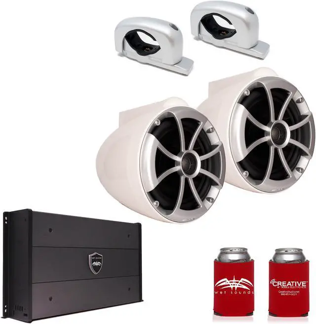 Main image of Wet Sounds ICON8W-FC-SA 8" White Tower Speakers with Silver Aluminum Fixed Clamps & SYN-DX2.3 1200 Watt Amplifier