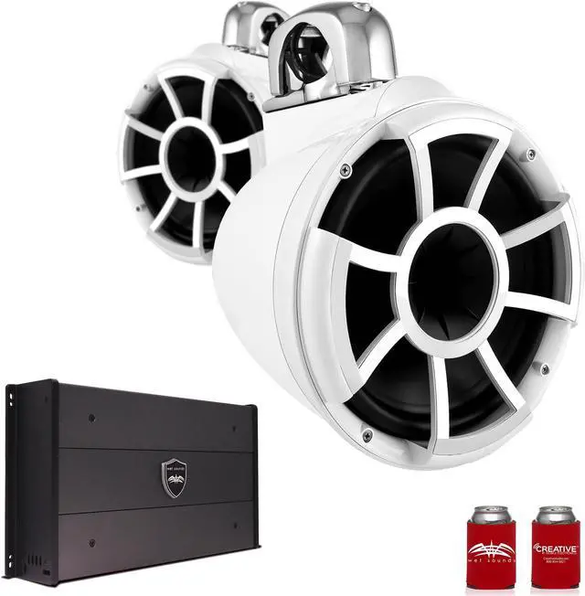 Main image of Wet Sounds REV10W-FMINI 10" White Tower Speakers with Stainless Steel Fixed Mini Clamps & SYN-DX2.3 1200 Watt Amplifier