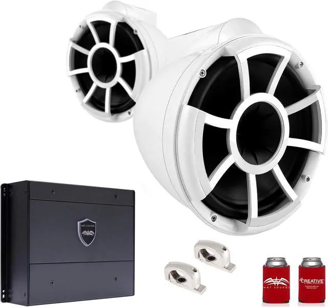 Main image of Wet Sounds REV10W-FMINI 10" White Tower Speakers with Stainless Steel Fixed MINI Clamps & SYN-DX4 800 Watt Amplifier