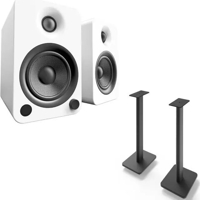 Main image of Kanto YU4MW YU4 Matte White Powered Speakers with Bluetooth, Pair, and SP26PL Pair of 26" Floor Speaker Stands, Black