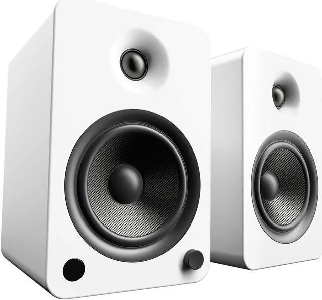Alt view image 3 of 4 - Kanto YU6MW YU6 Matte White 200W Powered Speakers, Pair, with pair of SP26PLW Pair of 26" Floor Speaker Stands, White