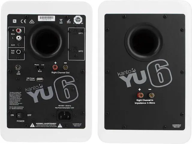 Alt view image 4 of 4 - Kanto YU6MW YU6 Matte White 200W Powered Speakers, Pair, with pair of SP26PLW Pair of 26" Floor Speaker Stands, White