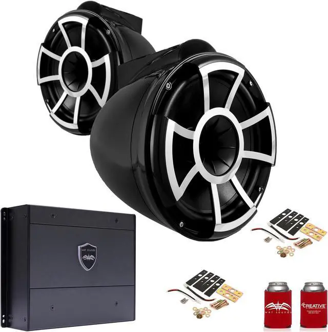 Main image of Wet Sounds REV10B-X 10" Black Tower Speakers with X-Mounts & SYN-DX4 800 Watt Amplifier