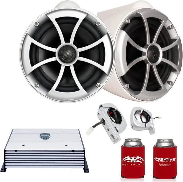 Main image of Wet Sounds ICON8W-FC-SA 8" White Tower Speakers with Silver Aluminum Fixed Clamps & HTX2 600 Watt Amplifier