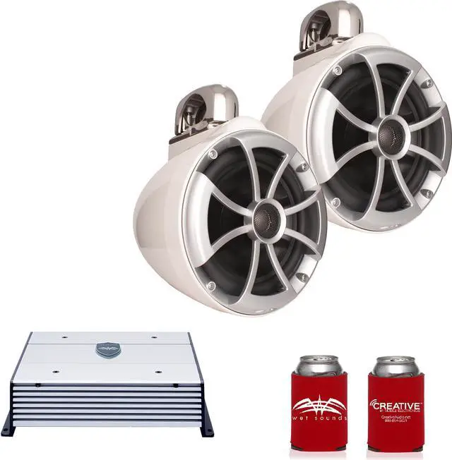Main image of Wet Sounds ICON8W-FC 8" White Tower Speakers with Stainless Steel Fixed Clamps & HTX2 600 Watt Amplifier