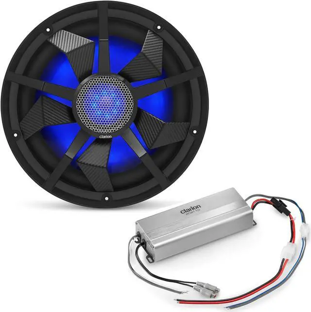 Main image of Clarion Marine Bass Bundle - CM3013WL 12" RGB LED subwoofer includes Black & Silver Grilles, Clarion Marine XC2110 Amplifier