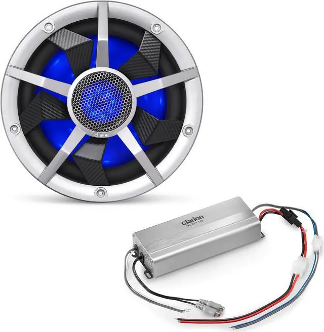 Main image of Clarion Marine Bass Bundle - CM2513WL 10" RGB LED subwoofer includes Black & Silver Grilles, Clarion Marine XC2110 Amplifier