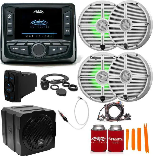 Main image of Wet Sounds Ultimate Golf Cart Audio Bundle, Radio, 4-RGB White Grill 6.5" Speakers, 8" powered sub, Wiring Kit