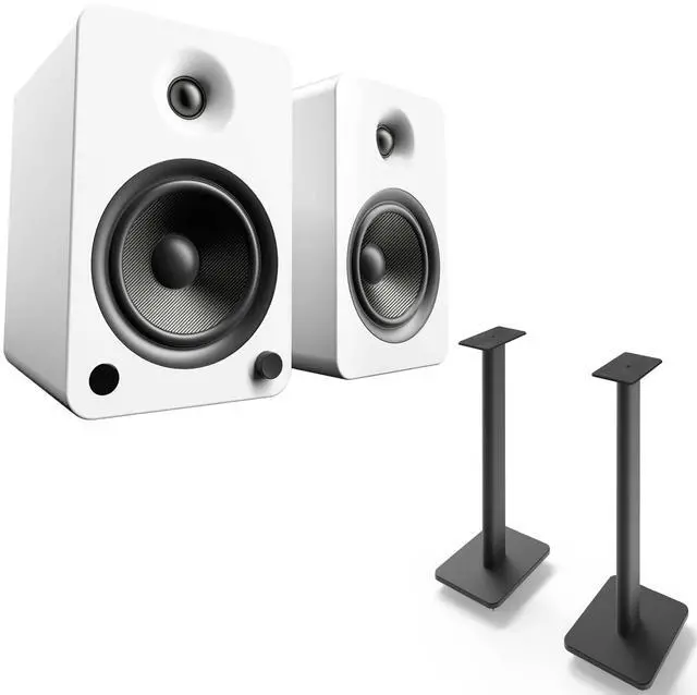 Main image of Kanto YU6MW YU6 Matte White 200 Watt Peak Powered Speakers, Pair, and SP26PL Pair of 26" Floor Speaker Stands, Black