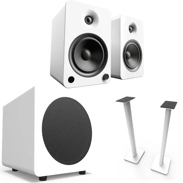 Main image of Kanto YU6MW YU6 White Powered Speakers (Pair), SUB8 8" 250W White Powered Sub, and SP32PLW 32" Speaker Stand Pair, White