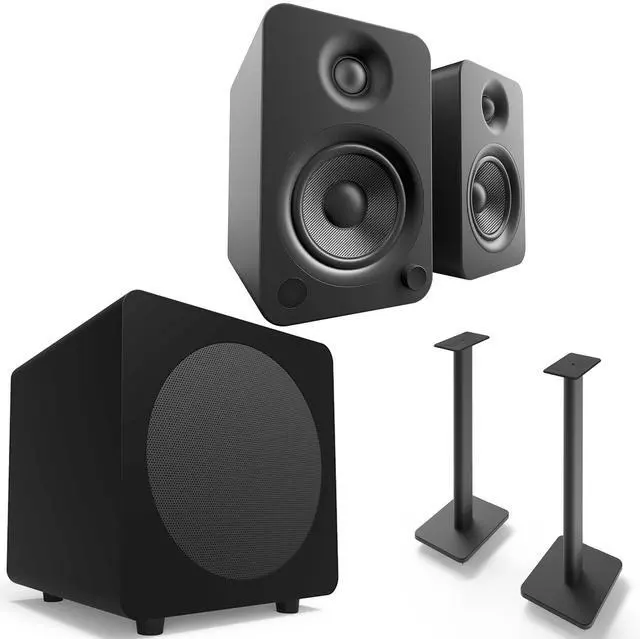 Main image of Kanto YU4MB YU4 Black Speakers, Pair, SUB8MB 8" 250W Subwoofer, Black, and SP26PL Pair of 26" Speaker Stands, Black