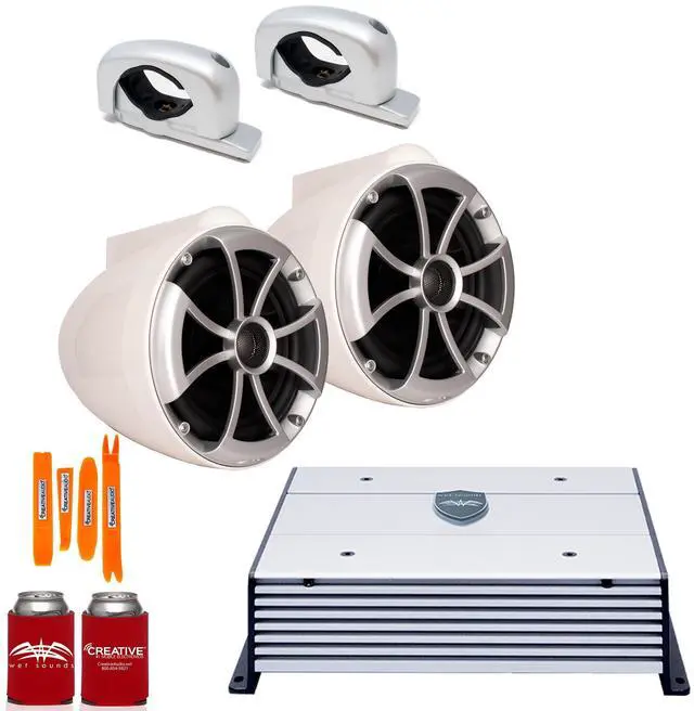 Main image of Wet Sounds ICON8W-FC-SA White 8" Tower speakers with Silver Aluminum Fixed Clamps and Wet Sounds HTX2 Amplifier