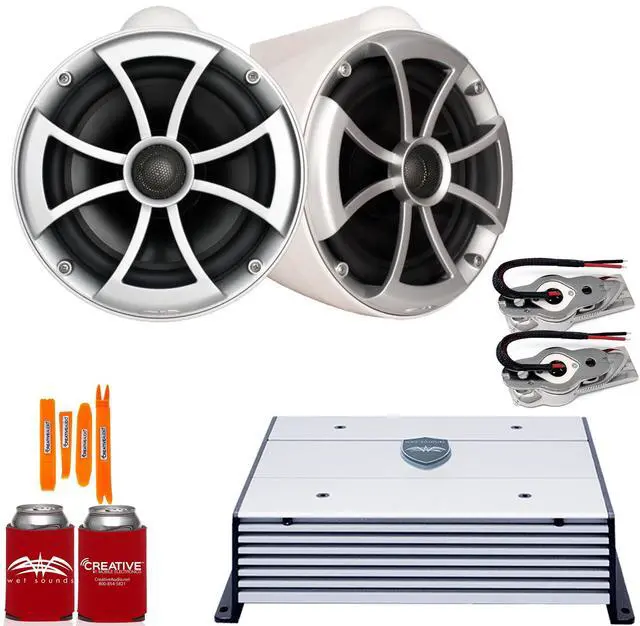 Main image of Wet Sounds ICON8W-SXM WHITE 8" Tower Speakers with Stainless Swivel Base Mount (NO PIPE CLAMP) and Wet Sounds HTX2 Amplifier