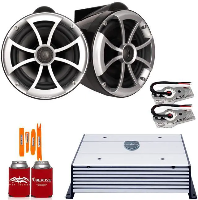 Main image of Wet Sounds ICON8B-SXM Black 8" Tower Speakers with Stainless Swivel Base Mount (NO PIPE CLAMP) and Wet Sounds HTX2 Amplifier