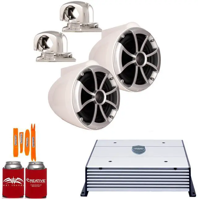 Main image of Wet Sounds ICON8W-SMINI White 8" Tower Speakers with MINI Stainless Swivel Clamps and Wet Sounds HTX2 Amplifier