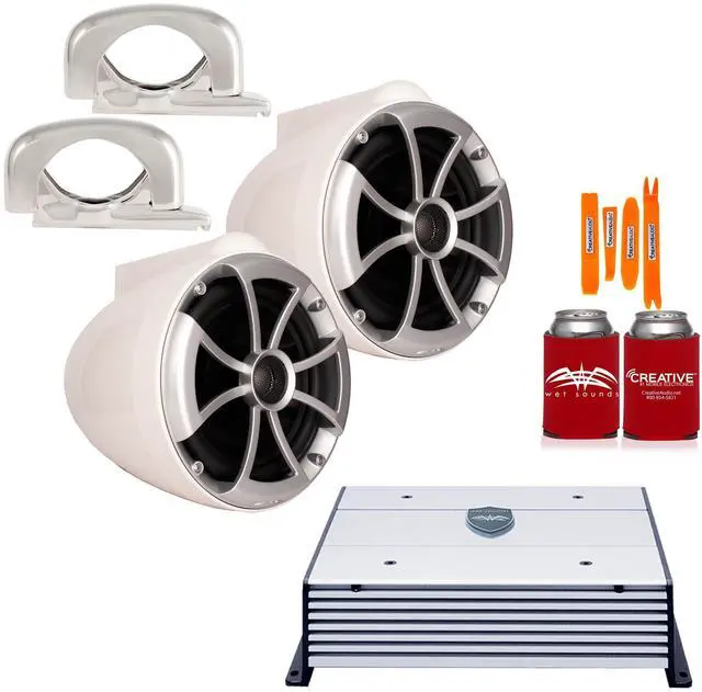 Main image of Wet Sounds ICON8W-FMINI White 8" Tower Speakers with MINI Stainless Fixed Clamps and Wet Sounds HTX2 Amplifier