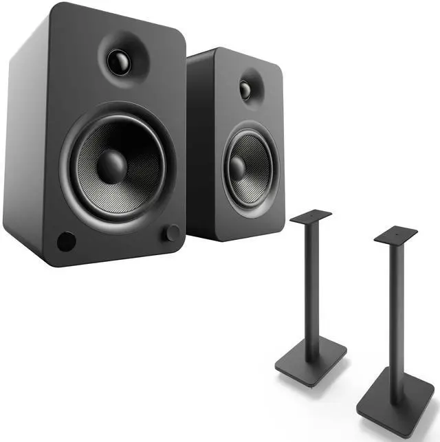 Main image of Kanto YU6MB YU6 Matte Black 200 Watt Peak Powered Speakers, Pair, and SP26PL Pair of 26" Floor Speaker Stands, Black