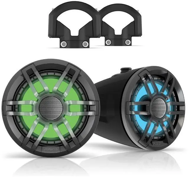 Main image of Fusion XS-FLT652SPB 6.5" Black Sport Grill Wake Tower Speakers, RGB LED with Fusion XS-MNTBP 2"-2.5" Tower Clamps