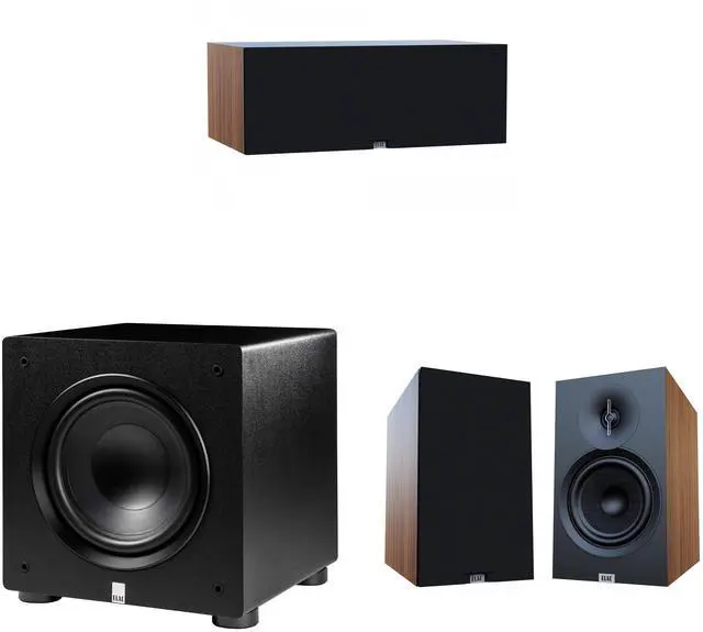 Main image of Elac Debut 3.0 Walnut 6.5 Inch Book Shelves With 6.5In Center Channel And Elac Varro 10In Subwoofer