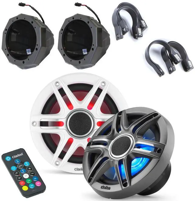 Main image of Clarion Premium RGB LED UTV 6.5" Marine Speaker Bundle including White & Gunmetal speaker grills, SSV Works 6.5" speaker pods and 1.75" cage mounts