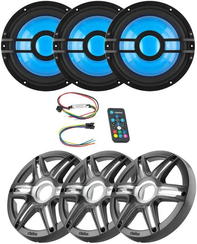 Main image of Clarion (3) CMSP-101RGB-2 10" Marine 2-Ohm Subwoofer with RGB LEDs & Remote includes Gray Metallic Sport Grille
