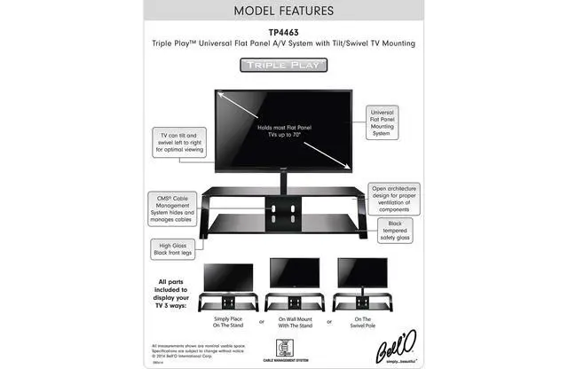 Alt view image 4 of 4 - Bell'O TP4463 - Triple Play 2-Shelf TV Stand with TV Mount for TVs up to 70"