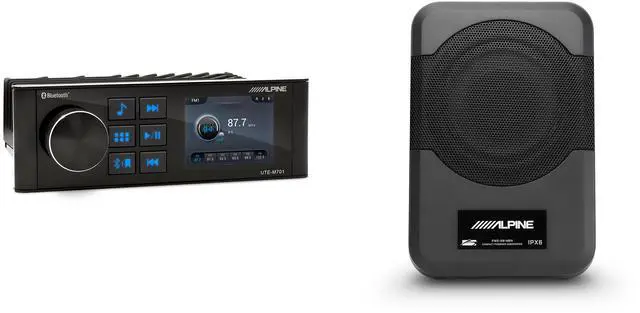 Main image of Alpine UTE-M701 Bluetooth Receiver with PWE-S8-MRN 8" Powered Subwoofer Compact UTV, Golf Cart & Powersports Audio Upgrade Kit