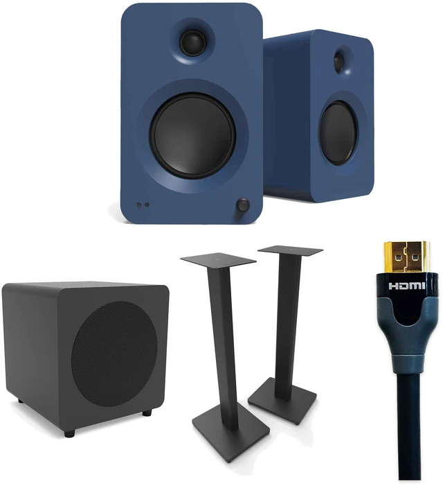 Main image of Kanto REN Matte Blue + SUB8 Black + ST28 Black + Tributaries 2m HDMI Complete TV Audio Kit