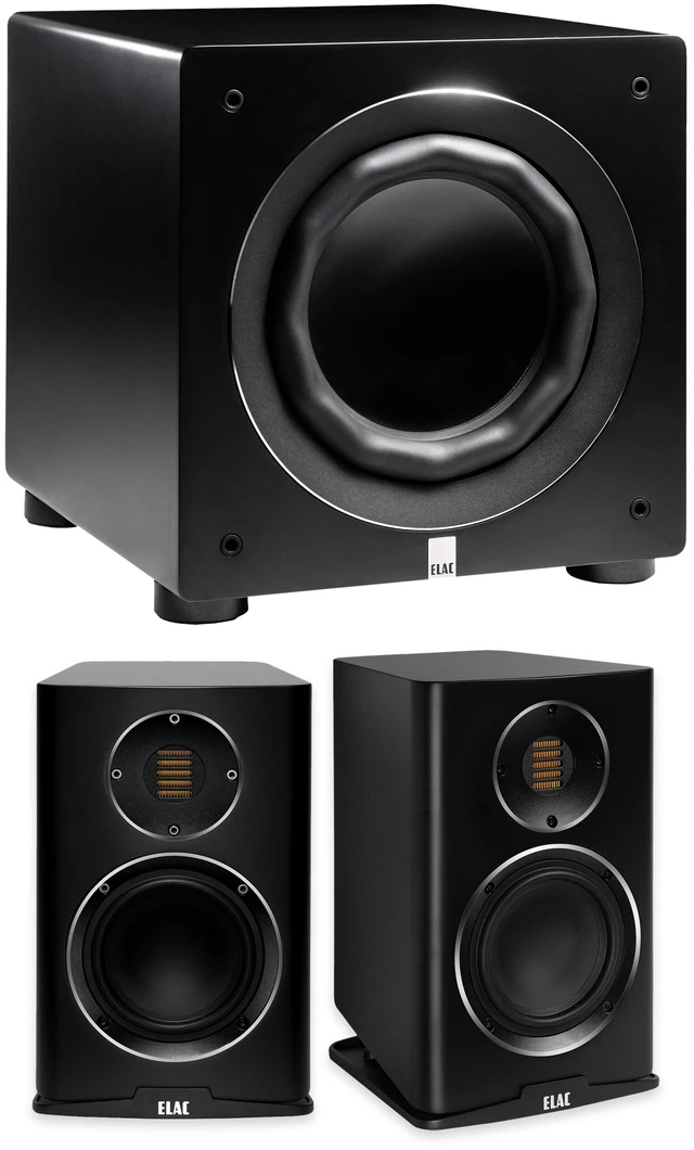 Main image of ELAC Carina BS243.4 Satin Black Bookshelf Speakers + RS500 10in Varro Reference Subwoofer