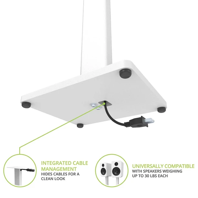 Alt view image 10 of 11 - Kanto ST28 28 Universal Speaker Floor Stands for Bookshelf Speakers up to 30 lbs | Improved Sound | Hidden Cable Management | White MDF Base | Pair